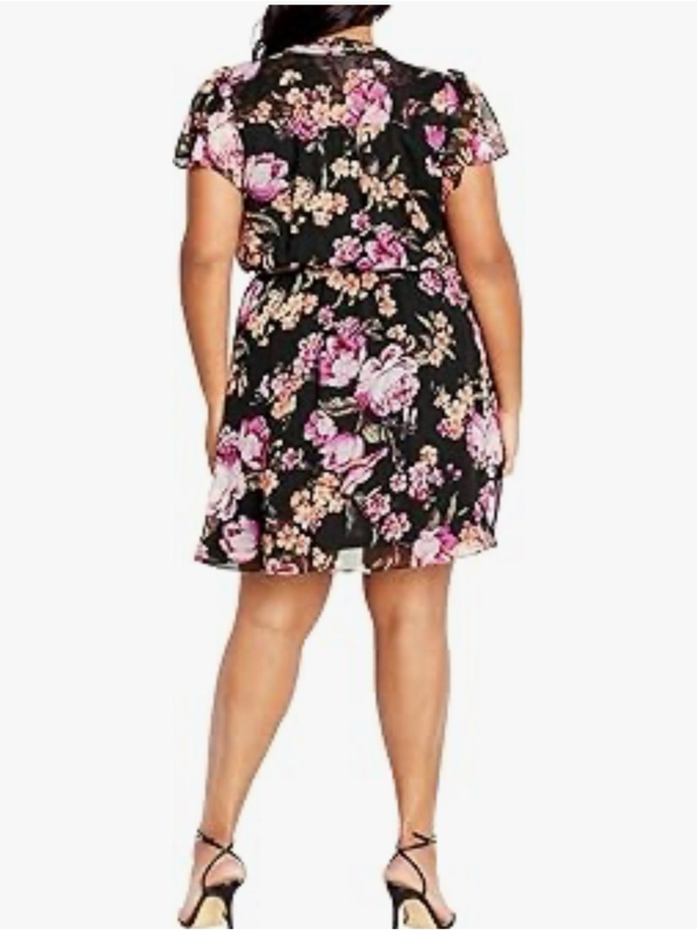 City Chic Black Midi Dress with Pink & Peach Floral Print - Picture 2 of 4